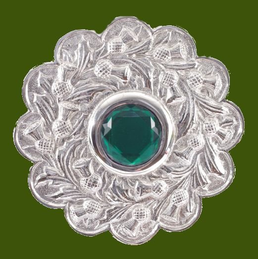 Image 0 of Scots Guard Thistle Green Glass Stone Chrome Stylish Pewter Plaid Brooch