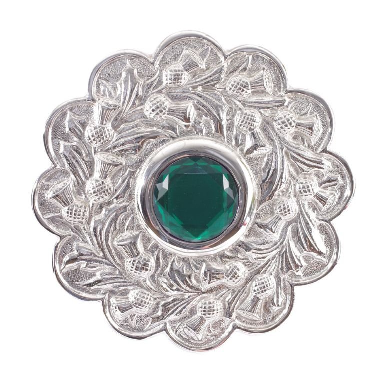 Image 1 of Scots Guard Thistle Green Glass Stone Chrome Stylish Pewter Plaid Brooch