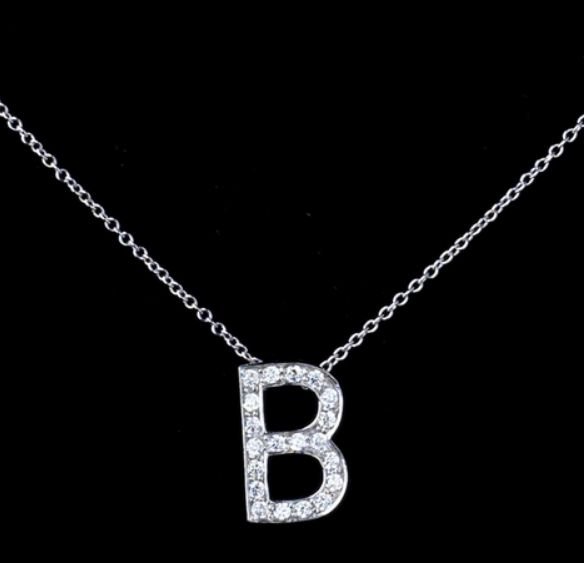 Image 0 of B Initial Letter Monogram Cubic Zirconia Crystal Sterling Silver Necklace 