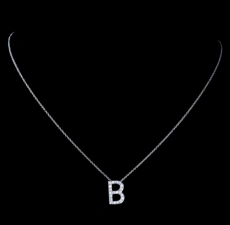 Image 1 of B Initial Letter Monogram Cubic Zirconia Crystal Sterling Silver Necklace 