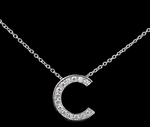 Image 0 of C Initial Letter Monogram Cubic Zirconia Crystal Sterling Silver Necklace 