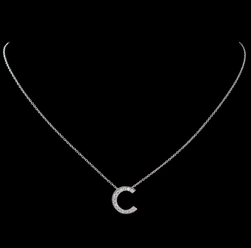 Image 1 of C Initial Letter Monogram Cubic Zirconia Crystal Sterling Silver Necklace 