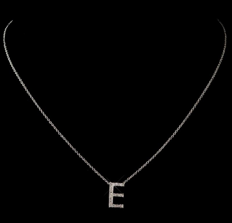 Image 1 of E Initial Letter Monogram Cubic Zirconia Crystal Sterling Silver Necklace 