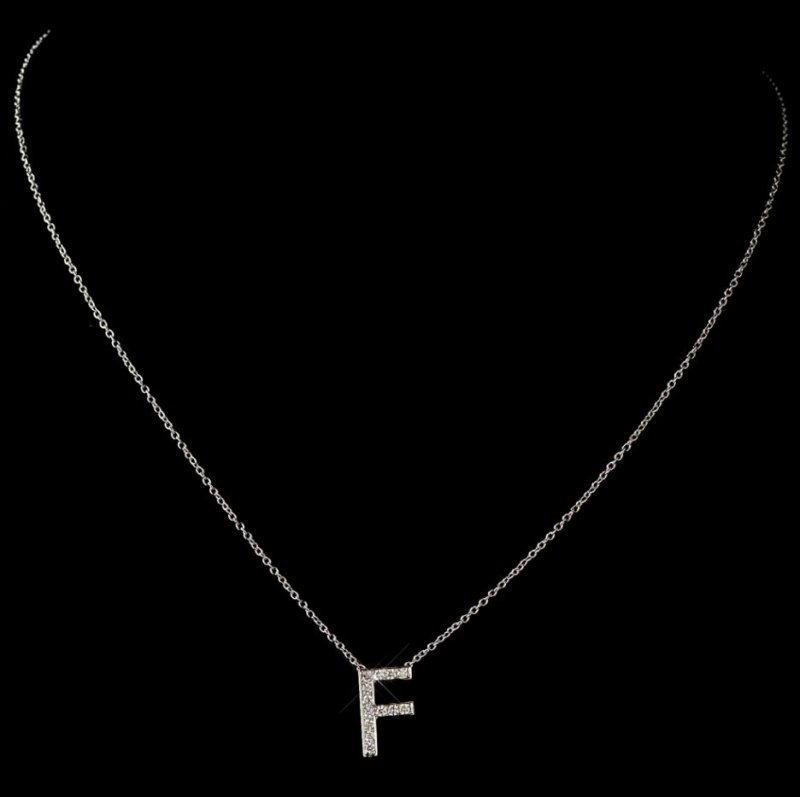 Image 1 of F Initial Letter Monogram Cubic Zirconia Crystal Sterling Silver Necklace 