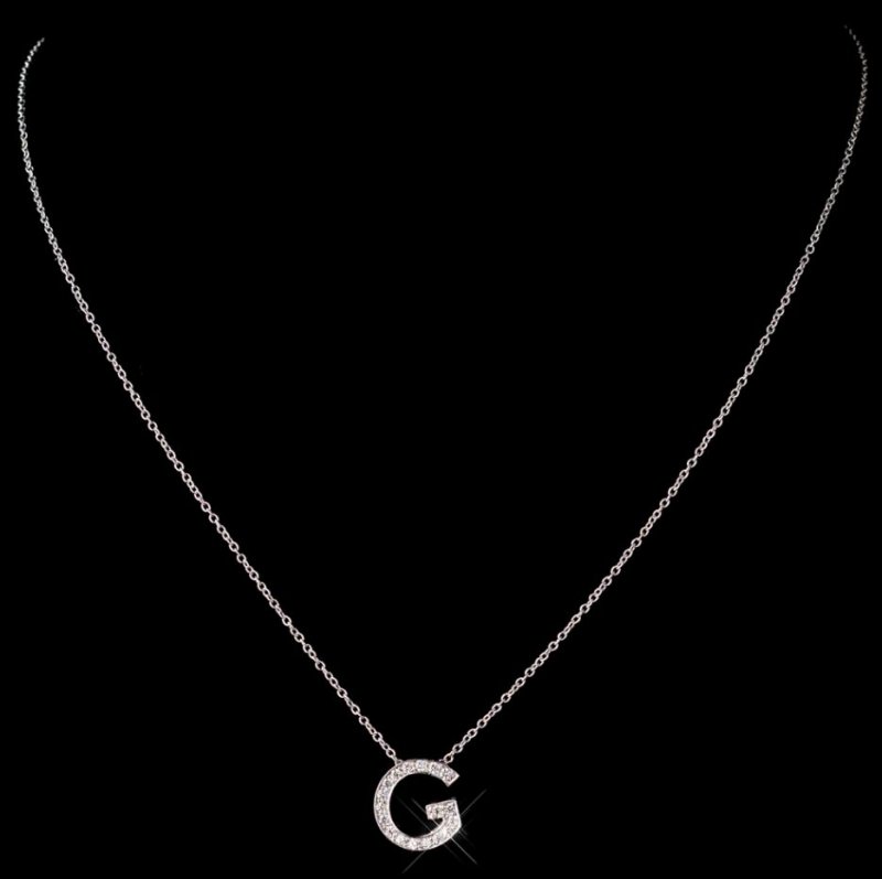 Image 1 of G Initial Letter Monogram Cubic Zirconia Crystal Sterling Silver Necklace 