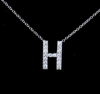 Image 0 of H Initial Letter Monogram Cubic Zirconia Crystal Sterling Silver Necklace 