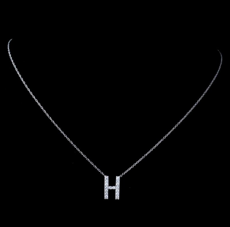 Image 1 of H Initial Letter Monogram Cubic Zirconia Crystal Sterling Silver Necklace 