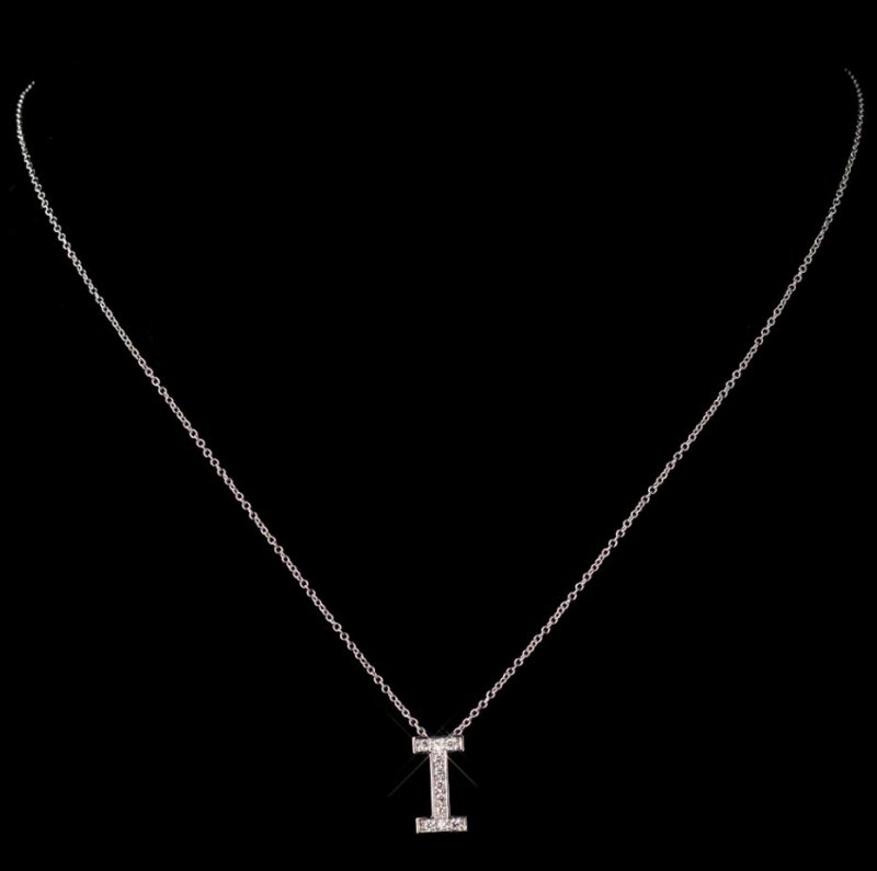 Image 1 of I Initial Letter Monogram Cubic Zirconia Crystal Sterling Silver Necklace 