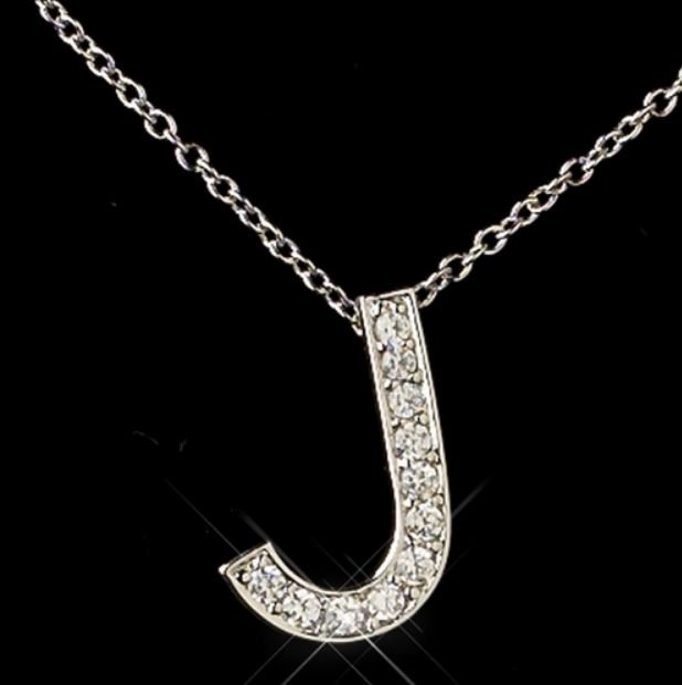Image 0 of J Initial Letter Monogram Cubic Zirconia Crystal Sterling Silver Necklace 
