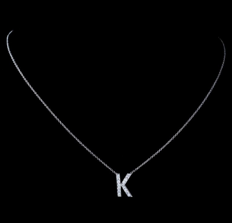 Image 1 of K Initial Letter Monogram Cubic Zirconia Crystal Sterling Silver Necklace 