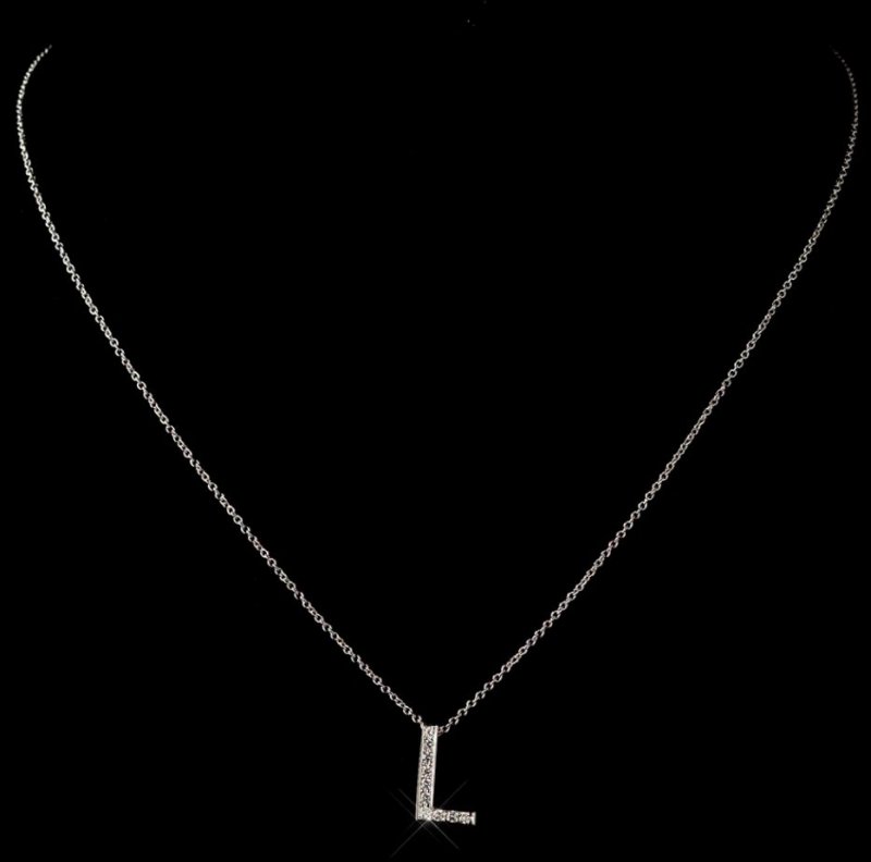 Image 1 of L Initial Letter Monogram Cubic Zirconia Crystal Sterling Silver Necklace 