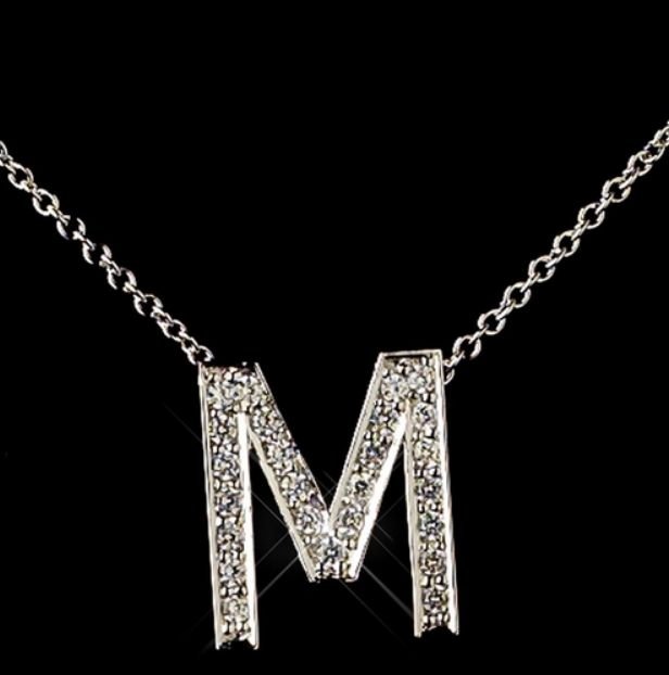 Image 0 of M Initial Letter Monogram Cubic Zirconia Crystal Sterling Silver Necklace 