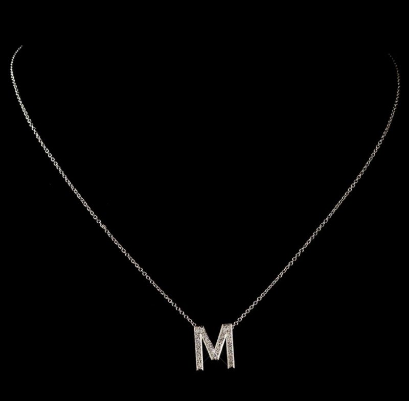 Image 1 of M Initial Letter Monogram Cubic Zirconia Crystal Sterling Silver Necklace 