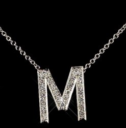 M Initial Letter Monogram Cubic Zirconia Crystal Sterling Silver Necklace 