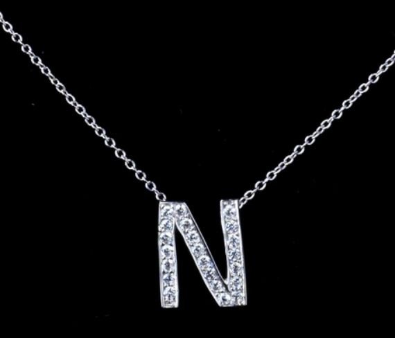 Image 0 of N Initial Letter Monogram Cubic Zirconia Crystal Sterling Silver Necklace 
