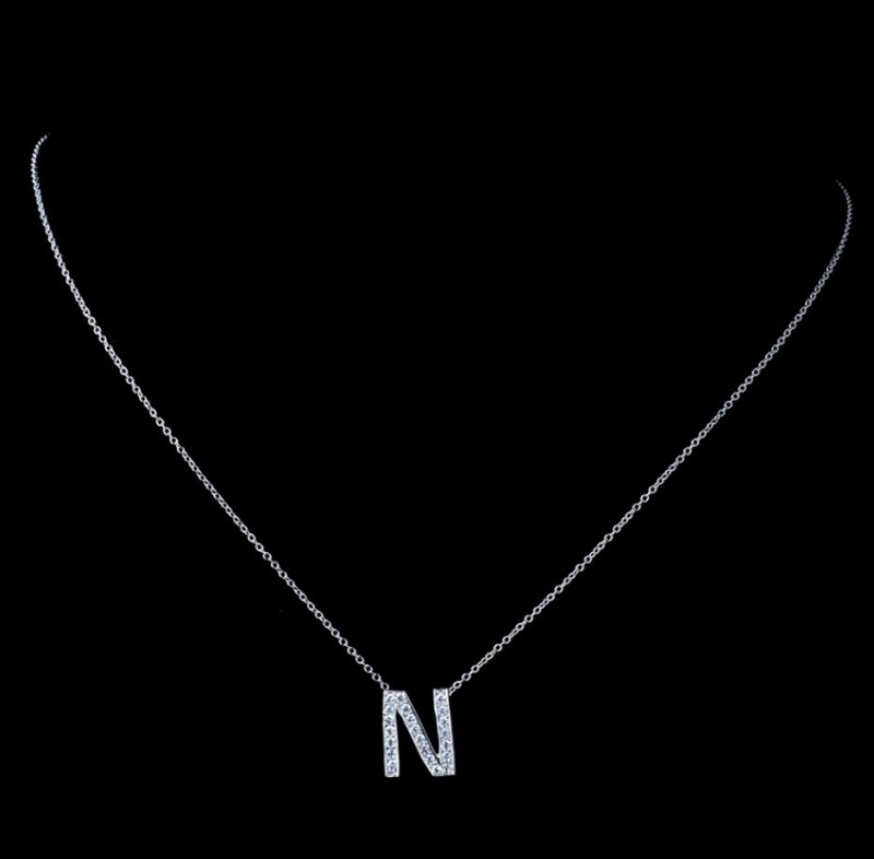 Image 1 of N Initial Letter Monogram Cubic Zirconia Crystal Sterling Silver Necklace 