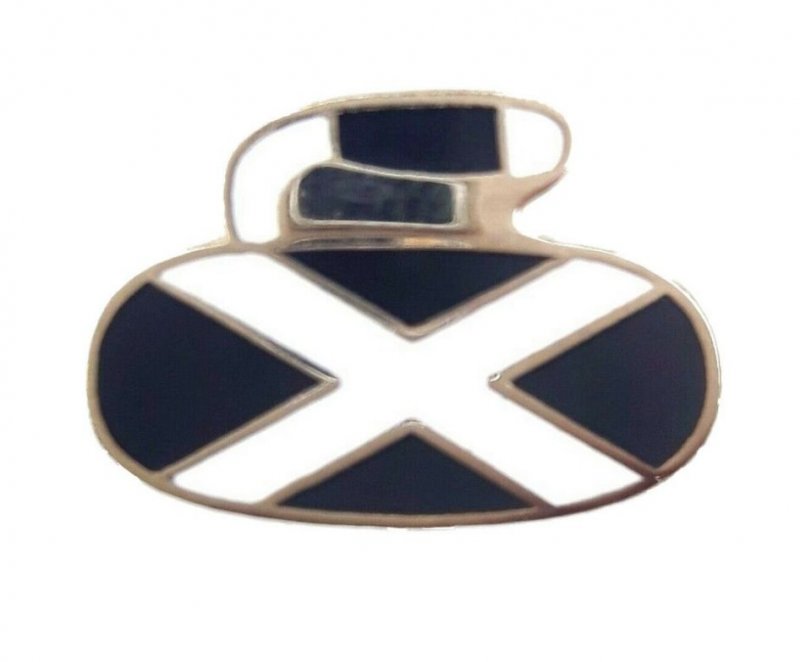 Image 1 of Curling Stone Saltire Flag Small Enamel Badge Lapel Pin Set x 3