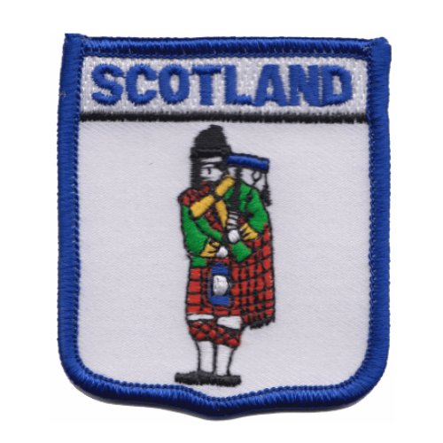 Image 1 of Scotland Bagpiper White Shield Embroidered Cloth Patch Set x 3