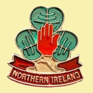Image 0 of Northern Ireland Green Shamrock Leaf Red Ribbon Enamel Badge Lapel Pin Set x 3