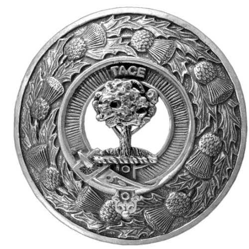 Image 1 of Abercrombie Clan Crest Thistle Round Stylish Pewter Clan Badge Plaid Brooch