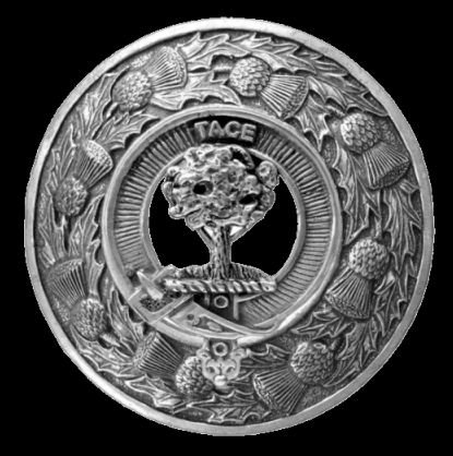 Image 0 of Abercrombie Clan Crest Thistle Round Sterling Silver Clan Badge Plaid Brooch