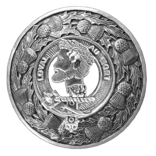 Image 1 of Adair Clan Crest Thistle Round Stylish Pewter Clan Badge Plaid Brooch