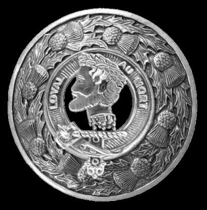 Image 0 of Adair Clan Crest Thistle Round Sterling Silver Clan Badge Plaid Brooch