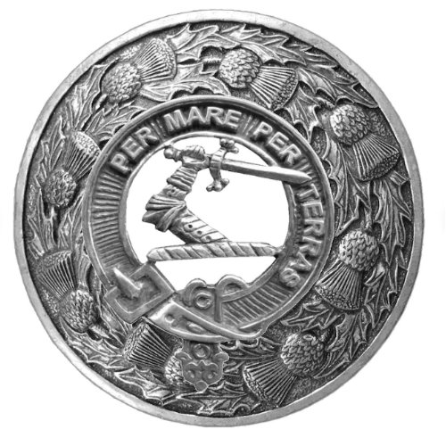 Image 1 of Alexander Clan Crest Thistle Round Stylish Pewter Clan Badge Plaid Brooch