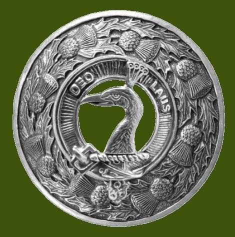 Image 0 of Arbuthnot Clan Crest Thistle Round Stylish Pewter Clan Badge Plaid Brooch