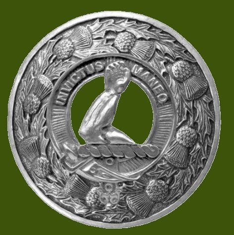 Image 0 of Armstrong Clan Crest Thistle Round Stylish Pewter Clan Badge Plaid Brooch