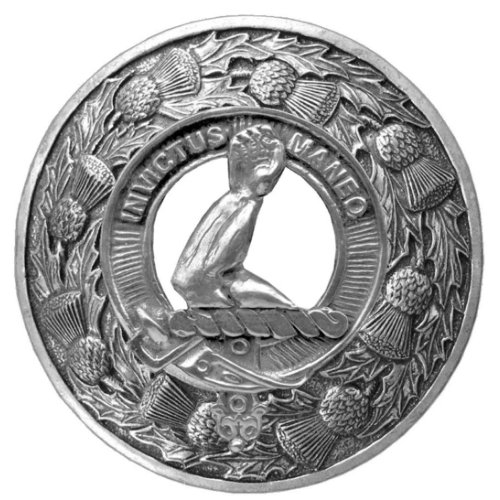 Image 1 of Armstrong Clan Crest Thistle Round Stylish Pewter Clan Badge Plaid Brooch