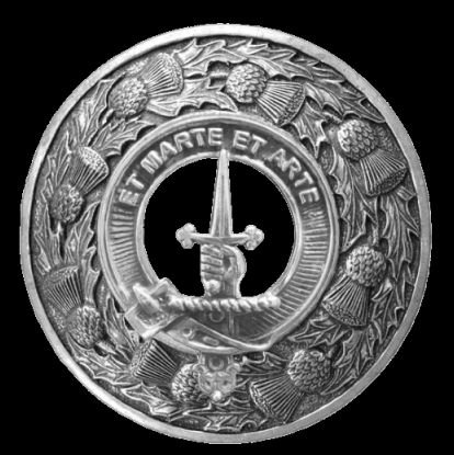 Image 0 of Bain Clan Crest Thistle Round Sterling Silver Clan Badge Plaid Brooch