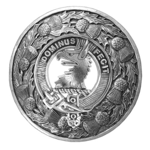 Image 1 of Baird Clan Crest Thistle Round Stylish Pewter Clan Badge Plaid Brooch