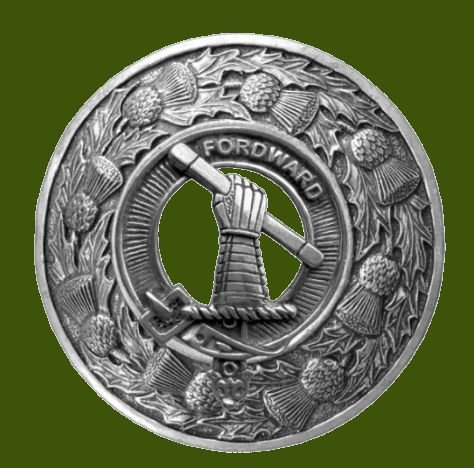 Image 0 of Balfour Clan Crest Thistle Round Stylish Pewter Clan Badge Plaid Brooch