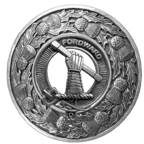 Image 1 of Balfour Clan Crest Thistle Round Stylish Pewter Clan Badge Plaid Brooch