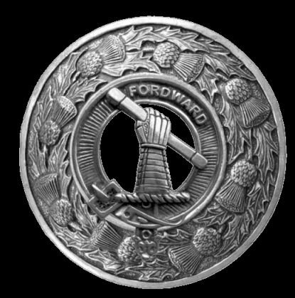 Image 0 of Balfour Clan Crest Thistle Round Sterling Silver Clan Badge Plaid Brooch