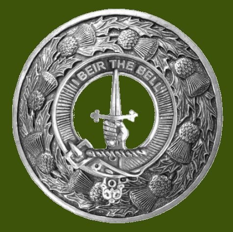 Image 0 of Bell Clan Crest Thistle Round Stylish Pewter Clan Badge Plaid Brooch
