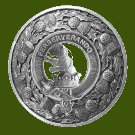 Image 0 of Beveridge Clan Crest Thistle Round Stylish Pewter Clan Badge Plaid Brooch