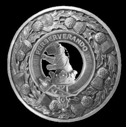 Image 0 of Beveridge Clan Crest Thistle Round Sterling Silver Clan Badge Plaid Brooch