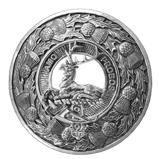 Image 1 of Blair Clan Crest Thistle Round Stylish Pewter Clan Badge Plaid Brooch