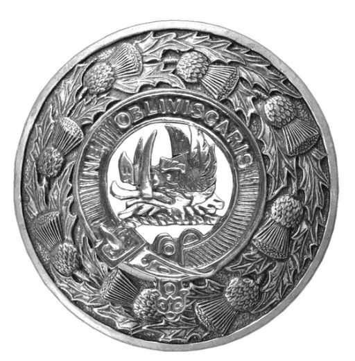 Image 1 of Campbell Argyll Clan Crest Thistle Round Sterling Silver Clan Badge Plaid Brooch