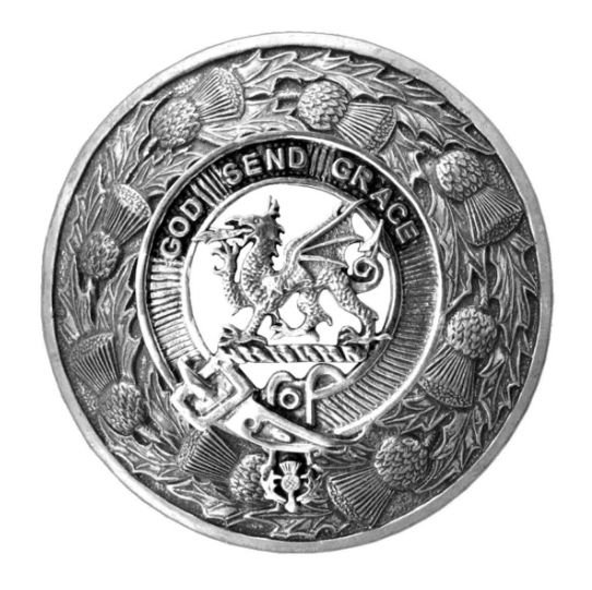 Image 1 of Crichton Clan Crest Thistle Round Stylish Pewter Clan Badge Plaid Brooch