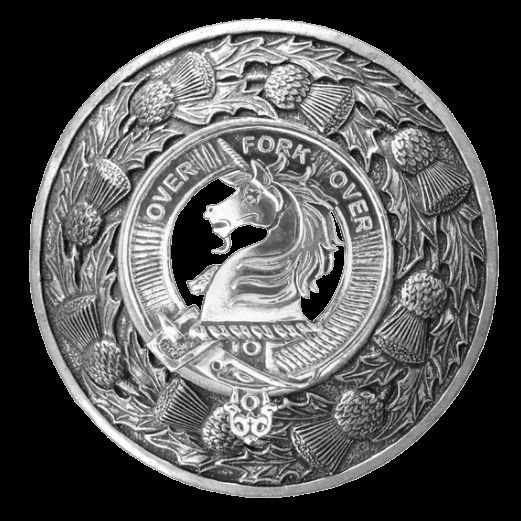 Image 0 of Cunningham Clan Crest Thistle Round Sterling Silver Clan Badge Plaid Brooch