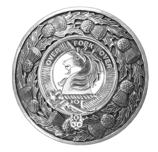 Image 1 of Cunningham Clan Crest Thistle Round Sterling Silver Clan Badge Plaid Brooch