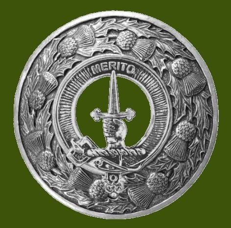 Image 0 of Dunlop Clan Crest Thistle Round Stylish Pewter Clan Badge Plaid Brooch