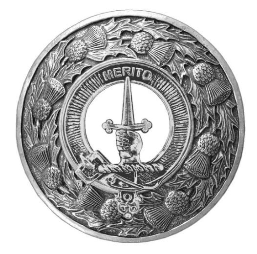 Image 1 of Dunlop Clan Crest Thistle Round Stylish Pewter Clan Badge Plaid Brooch
