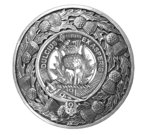 Image 1 of Ferguson Clan Crest Thistle Round Stylish Pewter Clan Badge Plaid Brooch