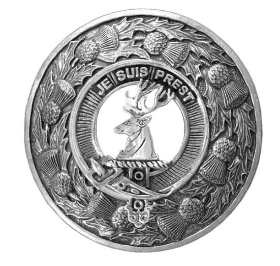Image 1 of Fraser Of Lovat Clan Crest Thistle Round Stylish Pewter Clan Badge Plaid Brooch