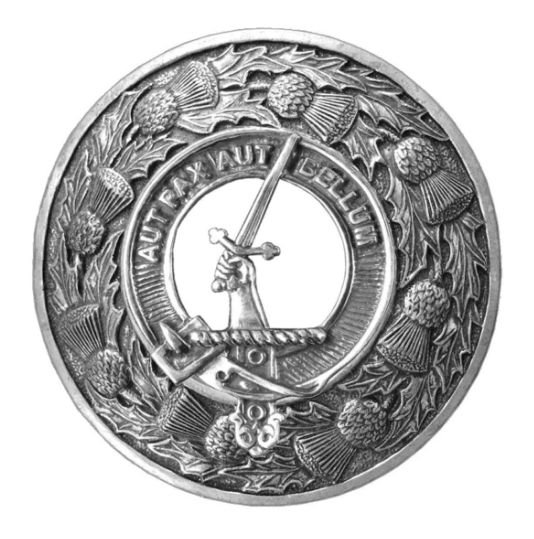 Image 1 of Gunn Clan Crest Thistle Round Stylish Pewter Clan Badge Plaid Brooch