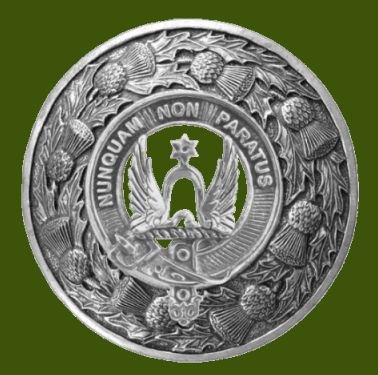 Image 0 of Johnston Clan Crest Thistle Round Stylish Pewter Clan Badge Plaid Brooch